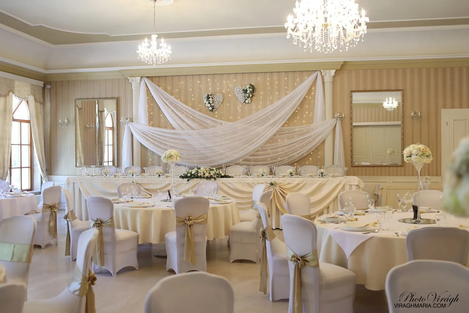 Laid round tables in the banquet hall
